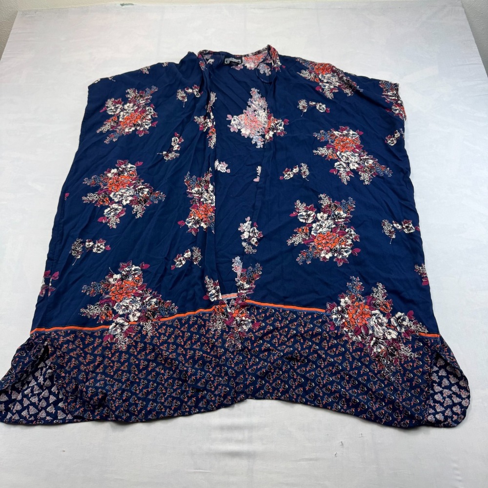 Angie Kimono Cardigan Womens Medium Blue Floral Side Slit Open Front Bohemian